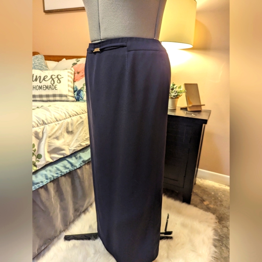 Navy blue long straight skirt with faux belt size 12